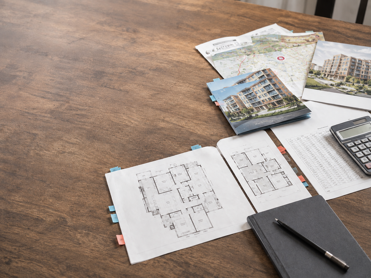 Property plans, location maps, project imagery and calculations arranged for professional review