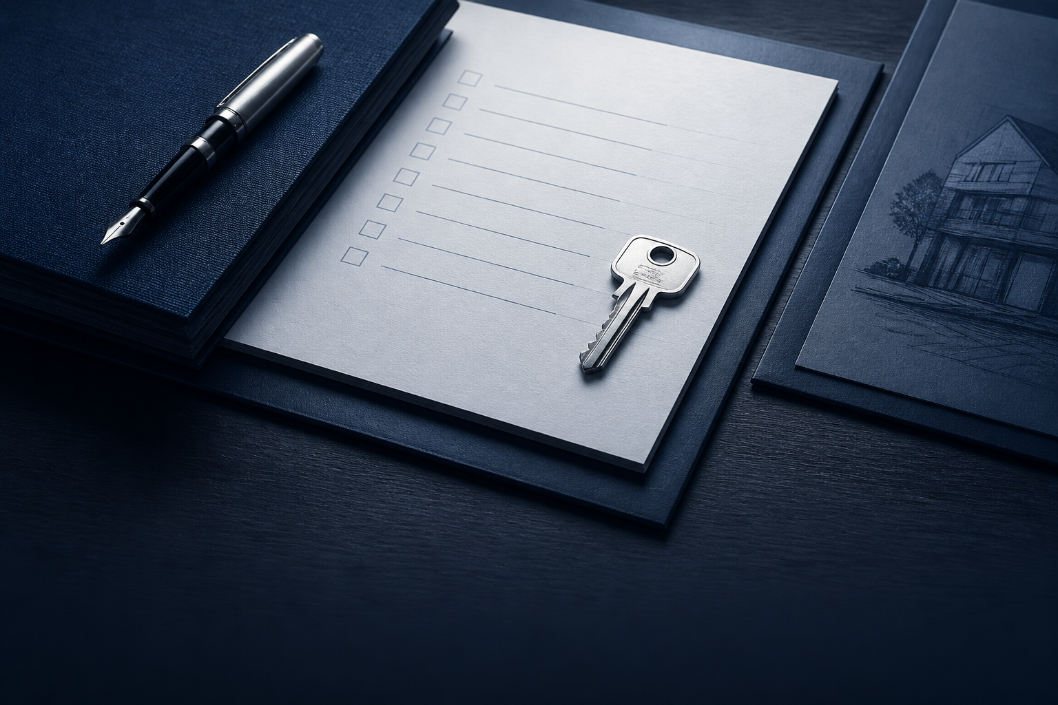An organized transaction checklist, property key and fountain pen