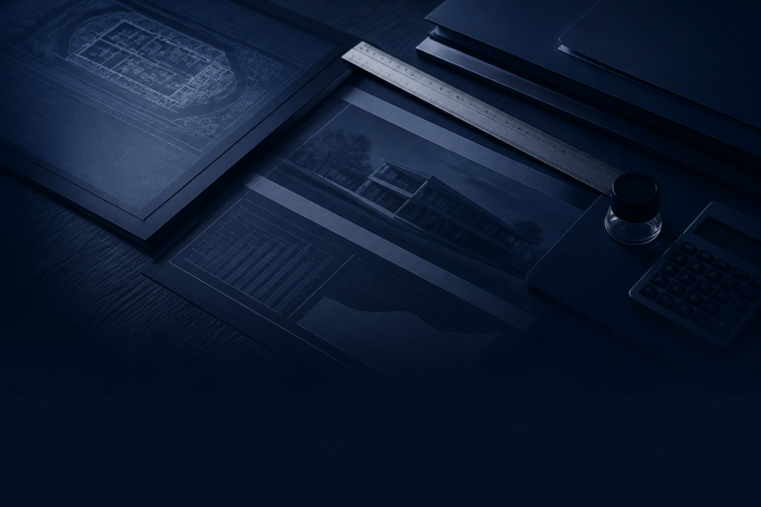 A property dossier, architectural plan, ruler and calculator arranged for professional analysis