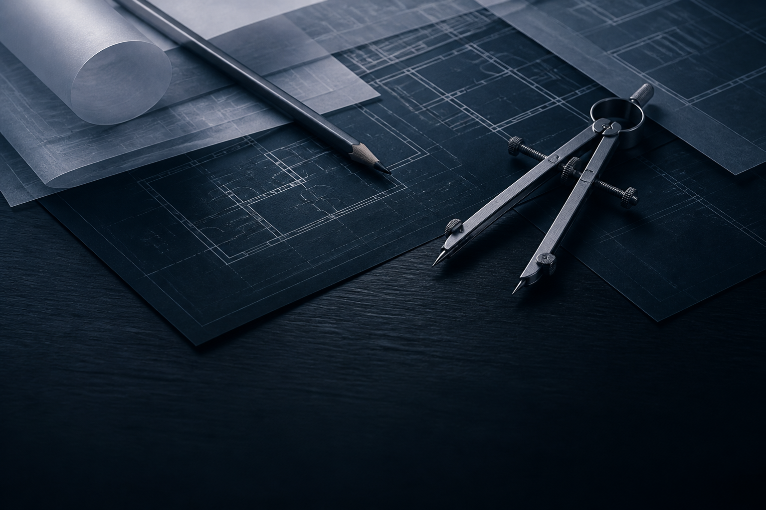 Architectural plans, tracing paper and a precision drafting compass
